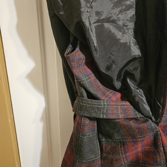 Burgundy Red Dark Gray Plaid Cape Jacket - Picture 3 of 7